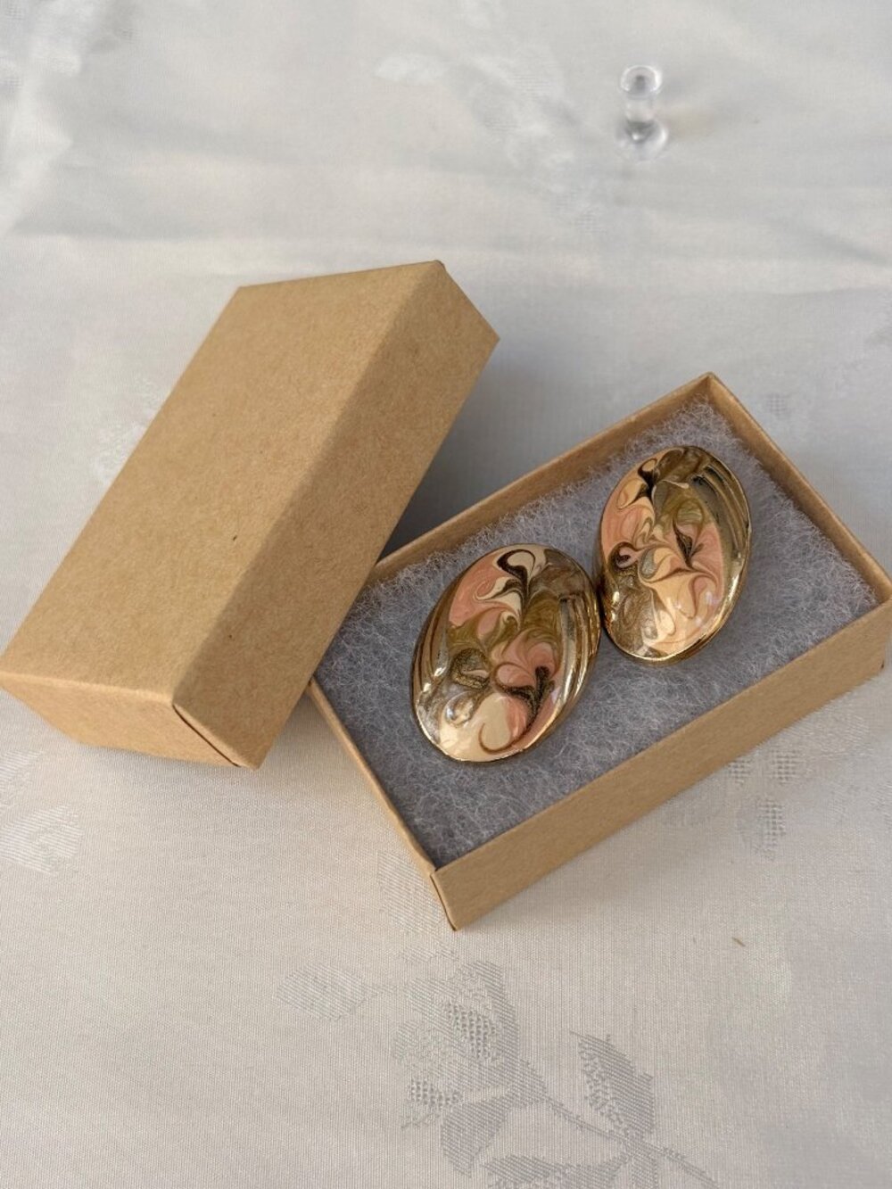 Vintage Gold-Tone Oval Clip-On Earrings With Swirl Enamel Design